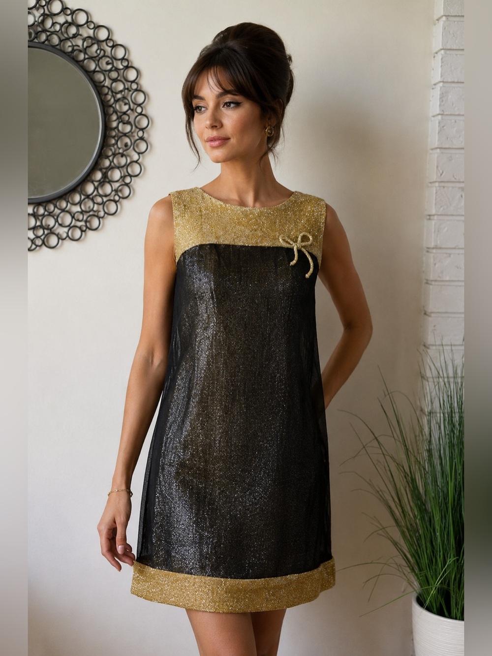 Vintage 60s Dayval Sparkle Gold Dress with Sheer Black Shift 